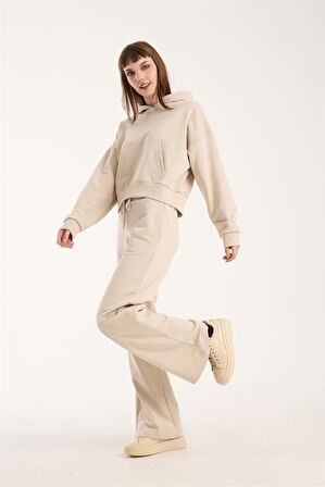 %100 Pamuk Kadın Kapüşonlu Cepli Sweatshirt + Pantolon Takımı (2 Parça)