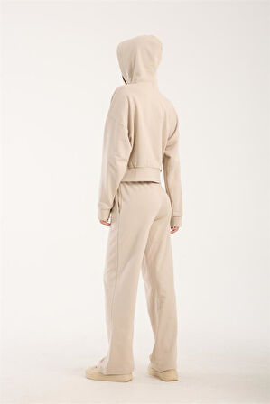 %100 Pamuk Kadın Kapüşonlu Cepli Sweatshirt + Pantolon Takımı (2 Parça)