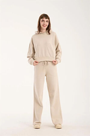 %100 Pamuk Kadın Kapüşonlu Cepli Sweatshirt + Pantolon Takımı (2 Parça)