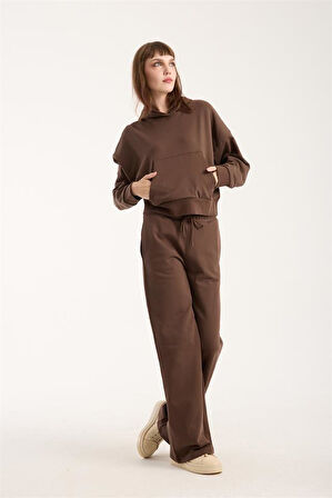 %100 Pamuk Kadın Kapüşonlu Cepli Sweatshirt + Pantolon Takımı (2 Parça)