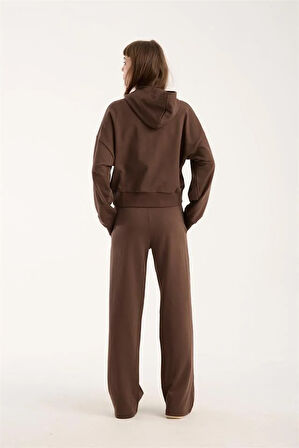 %100 Pamuk Kadın Kapüşonlu Cepli Sweatshirt + Pantolon Takımı (2 Parça)