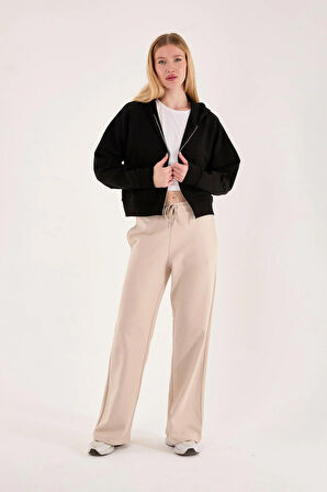 %100 Pamuk Kapüşonlu Fermuarlı Kadın Sweatshirt + Pantolon Kombin (2 Parça)