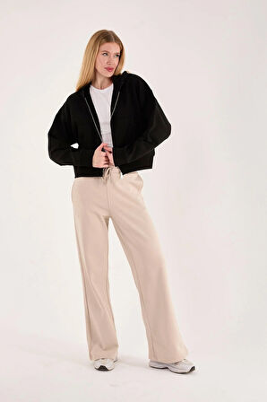 %100 Pamuk Kapüşonlu Fermuarlı Kadın Sweatshirt + Pantolon Kombin (2 Parça)