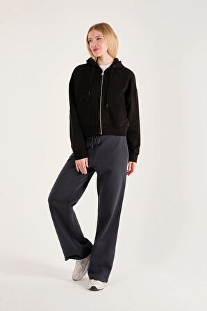 %100 Pamuk Kapüşonlu Fermuarlı Kadın Sweatshirt + Pantolon Kombin (2 Parça)