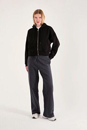 %100 Pamuk Kapüşonlu Fermuarlı Kadın Sweatshirt + Pantolon Kombin (2 Parça)