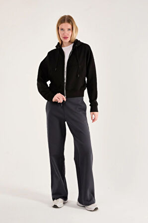 %100 Pamuk Kapüşonlu Fermuarlı Kadın Sweatshirt + Pantolon Kombin (2 Parça)