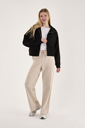 %100 Pamuk Tam Fermuarlı Kadın Sweatshirt + Pantolon Kombin (2 Parça)