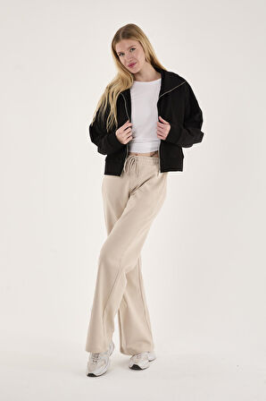 %100 Pamuk Tam Fermuarlı Kadın Sweatshirt + Pantolon Kombin (2 Parça)