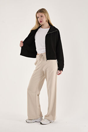 %100 Pamuk Tam Fermuarlı Kadın Sweatshirt + Pantolon Kombin (2 Parça)