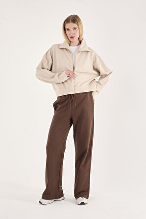 %100 Pamuk Tam Fermuarlı Kadın Sweatshirt + Pantolon Kombin (2 Parça)