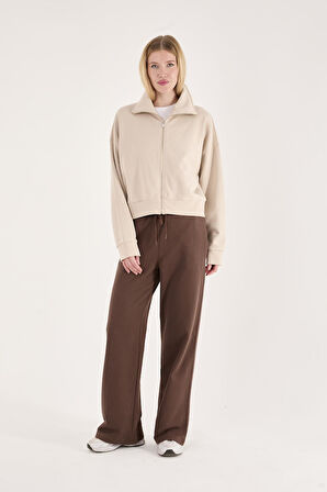 %100 Pamuk Tam Fermuarlı Kadın Sweatshirt + Pantolon Kombin (2 Parça)