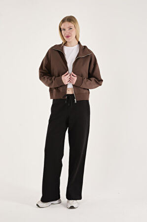 %100 Pamuk Tam Fermuarlı Kadın Sweatshirt + Pantolon Kombin (2 Parça)