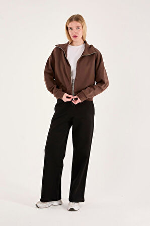 %100 Pamuk Tam Fermuarlı Kadın Sweatshirt + Pantolon Kombin (2 Parça)