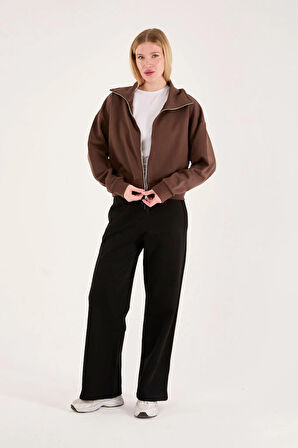 %100 Pamuk Tam Fermuarlı Kadın Sweatshirt + Pantolon Kombin (2 Parça)