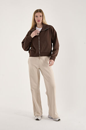 %100 Pamuk Tam Fermuarlı Kadın Sweatshirt + Pantolon Kombin (2 Parça)