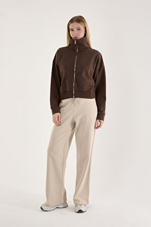 %100 Pamuk Tam Fermuarlı Kadın Sweatshirt + Pantolon Kombin (2 Parça)