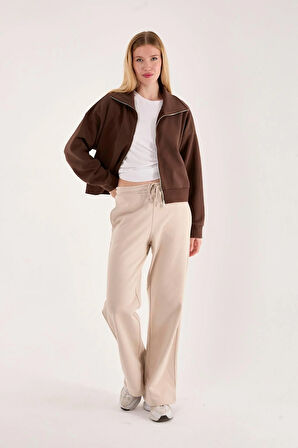 %100 Pamuk Tam Fermuarlı Kadın Sweatshirt + Pantolon Kombin (2 Parça)