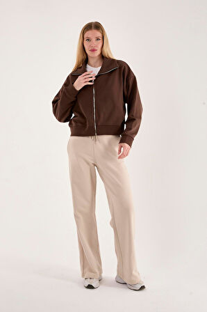 %100 Pamuk Tam Fermuarlı Kadın Sweatshirt + Pantolon Kombin (2 Parça)