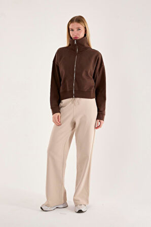 %100 Pamuk Tam Fermuarlı Kadın Sweatshirt + Pantolon Kombin (2 Parça)