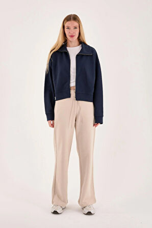 %100 Pamuk Tam Fermuarlı Kadın Sweatshirt + Pantolon Kombin (2 Parça)