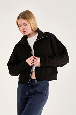 %100 Pamuk Tam Fermuarlı Kadın Sweatshirt + Pantolon Kombin (2 Parça)