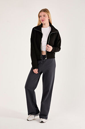 %100 Pamuk Tam Fermuarlı Kadın Sweatshirt + Pantolon Kombin (2 Parça)