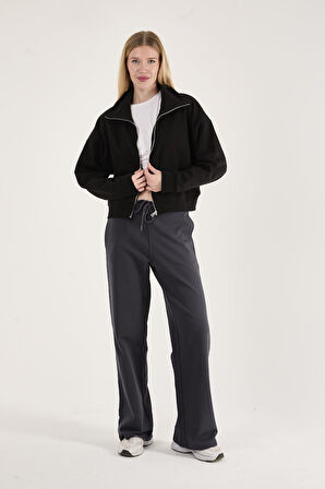 %100 Pamuk Tam Fermuarlı Kadın Sweatshirt + Pantolon Kombin (2 Parça)