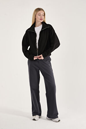 %100 Pamuk Tam Fermuarlı Kadın Sweatshirt + Pantolon Kombin (2 Parça)