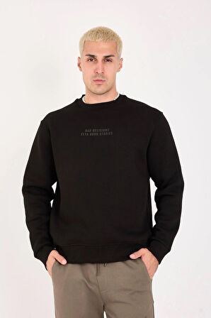 İçi Polarlı Yazı Baskılı Relax Fit Erkek Sweatshirt 