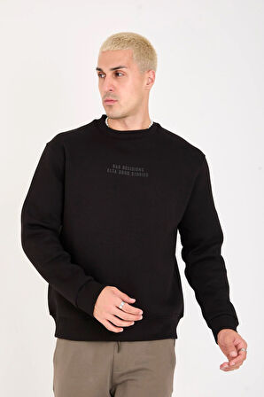 İçi Polarlı Yazı Baskılı Relax Fit Erkek Sweatshirt 
