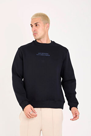 İçi Polarlı Yazı Baskılı Relax Fit Erkek Sweatshirt 