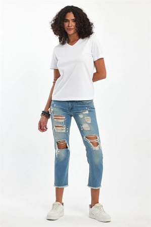 (3'Lü Paket) %100 Pamuklu V Yaka Slim Fit Basic Kadın T-Shirt