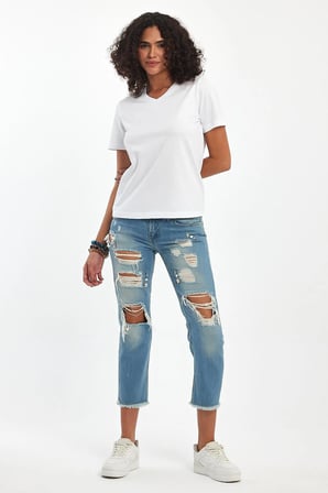 (3 Renk 3'Lü Paket) %100 Pamuklu V Yaka Slim Fit Basic Kadın T-Shirt