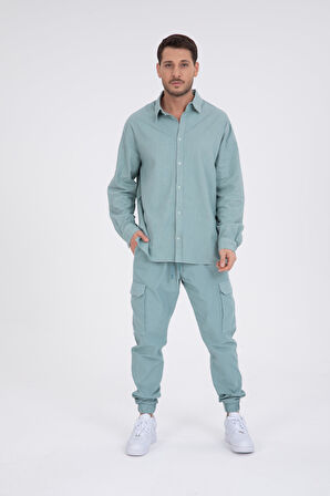 %100 Pamuk, İp Bağlamalı Kargo Jogger + Gabardin Gömlek Takım