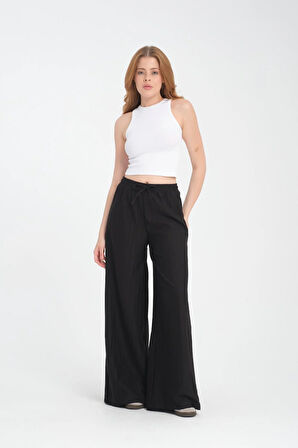 Likralı, İp Bağlamalı, Düz Çizgili Kadın Palazzo Pantolon