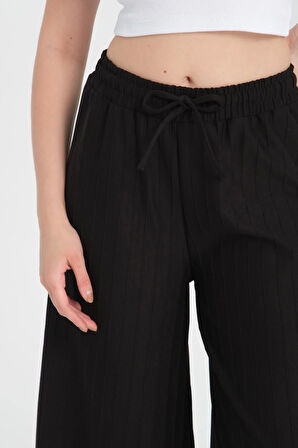 Likralı, İp Bağlamalı, Düz Çizgili Kadın Palazzo Pantolon