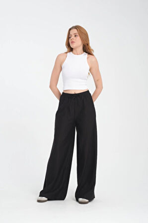 Likralı, İp Bağlamalı, Düz Çizgili Kadın Palazzo Pantolon