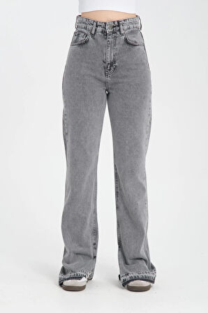 %100 Pamuk, Yüksek Bel, Geniş Paça Yırtmaç Detaylı Kadın Kot Pantolon