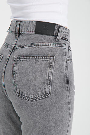 %100 Pamuk, Yüksek Bel, Geniş Paça Yırtmaç Detaylı Kadın Kot Pantolon