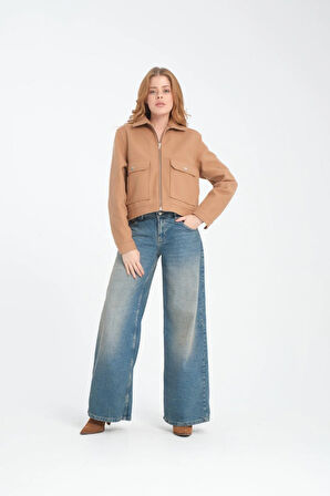 %100 Pamuk, Yan Cepli Fermuarlı Kadın Kaşe Mont - Ceket