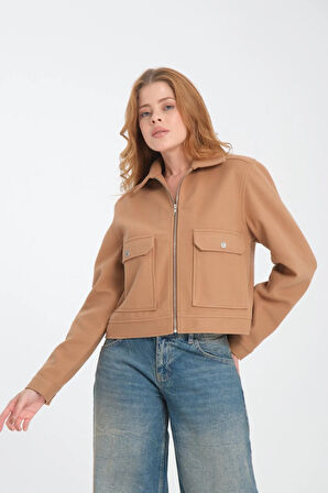 %100 Pamuk, Yan Cepli Fermuarlı Kadın Kaşe Mont - Ceket