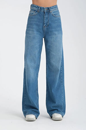 %100 Pamuk, Yüksek Bel Bol Kesim Geniş Paça Taşlanmış Wide Leg Kot Pantolon