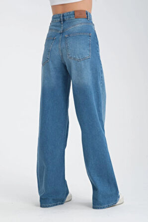 %100 Pamuk, Yüksek Bel Bol Kesim Geniş Paça Taşlanmış Wide Leg Kot Pantolon