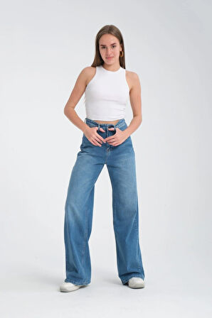 %100 Pamuk, Yüksek Bel Bol Kesim Geniş Paça Taşlanmış Wide Leg Kot Pantolon