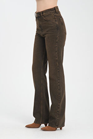 Yüksek Bel Fermuarlı Wideleg Fit %100 Pamuk Jean Pantolon