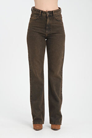 Yüksek Bel Fermuarlı Wideleg Fit %100 Pamuk Jean Pantolon