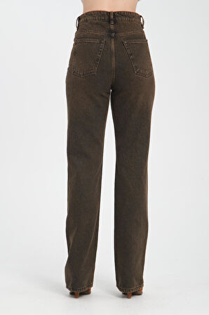 Yüksek Bel Fermuarlı Wideleg Fit %100 Pamuk Jean Pantolon