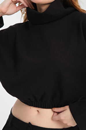 Pamuklu Boğazlı Crop Sweatshirt + Pamuklu Pantolon Takım