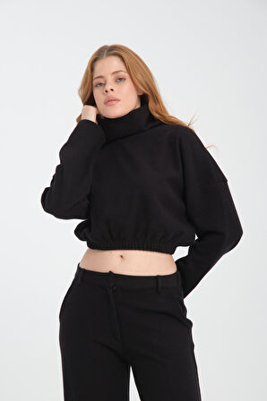 Pamuklu Boğazlı Crop Sweatshirt + Pamuklu Pantolon Takım