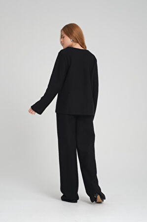 Kadın V Yaka Hırka ve Geniş Paça Pantolon Takımı - Konforlu ve Trend Günlük Kombin